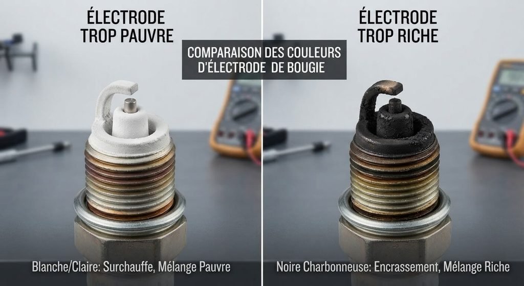 Vis de richesse mal réglée : quels symptômes ? 4 Comparaison de la couleur d'électrode d'une bougie : blanche (trop pauvre) et noire charbonneuse (trop riche).