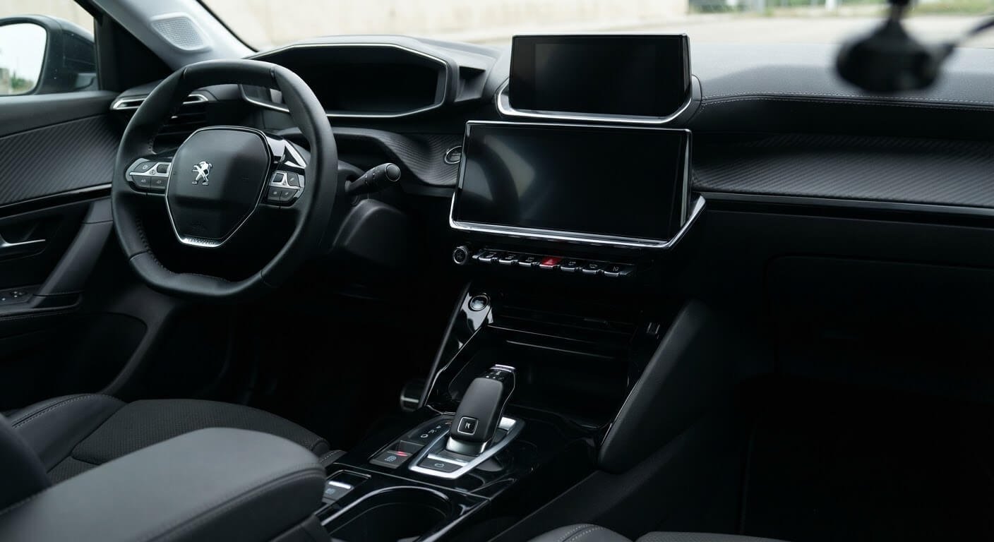 Écran tactile central d'une Peugeot 208 éteint et restant totalement noir au démarrage.