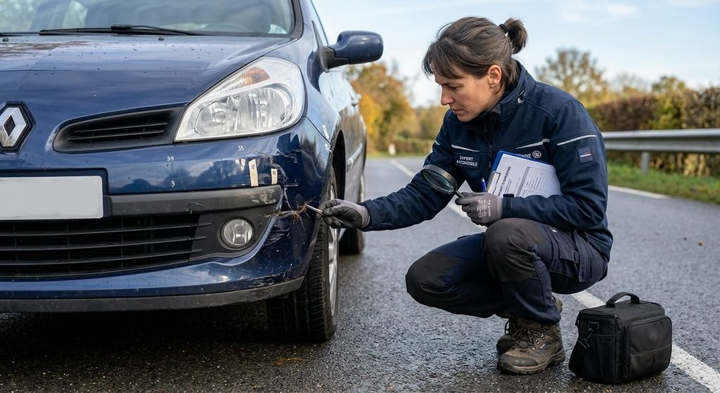 Accident pour éviter un animal : applique-t-on un malus d'assurance ? 4 Expert en assurance automobile cherchant des traces d'impact et des poils de gibier sur un pare-choc.