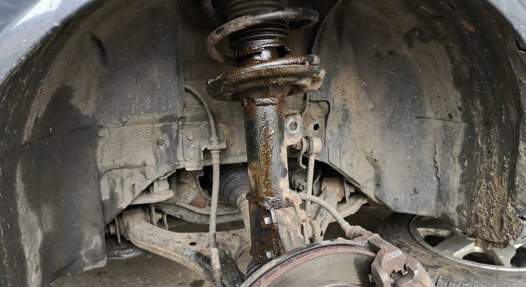 Présence d'une fuite d'huile grasse le long du corps de cylindre d'un amortisseur de suspension avant.