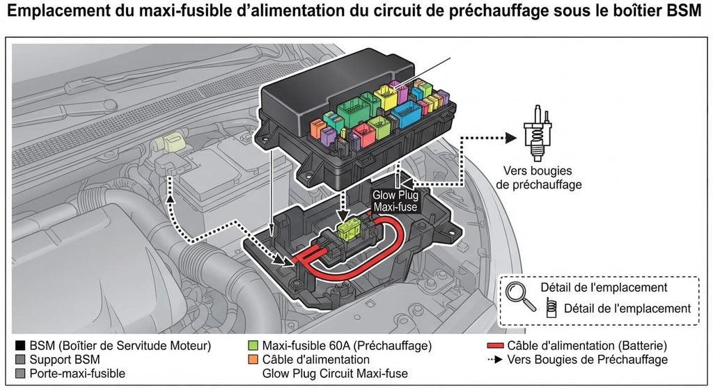 Emplacement du maxi-fusible d'alimentation du circuit de préchauffage sous le boîtier BSM.