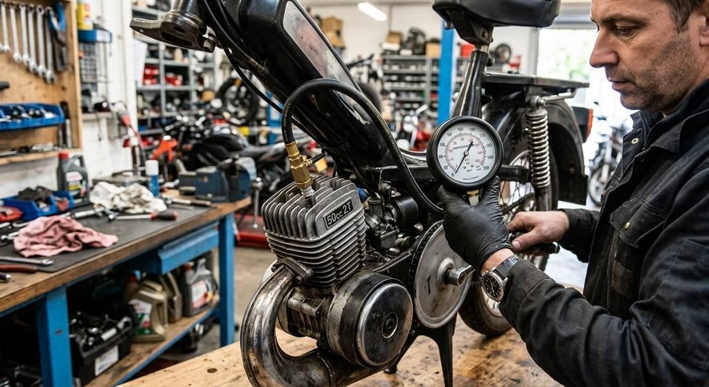Étincelle et essence OK mais le 50cc ne démarre pas : le diagnostic 3 Prise des compressions d'un moteur deux-temps 50cc à l'aide d'un manomètre d'atelier.