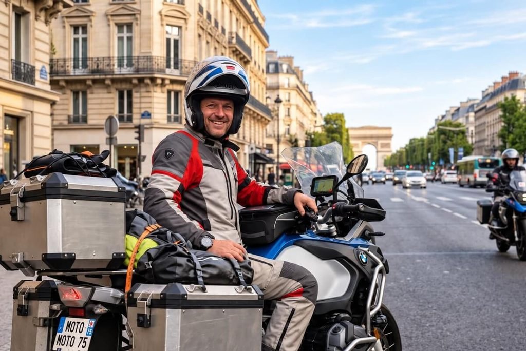 Louer une moto pour un road trip serein au-delà des frontières 3 Motard casqué consultant une carte routière lors d'un road trip transfrontalier.