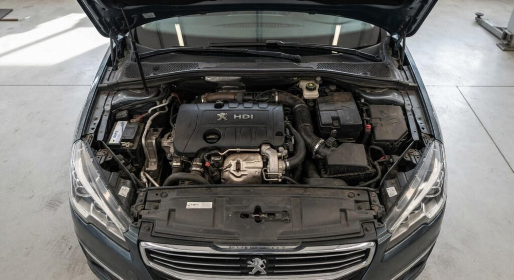 Moteur 2.0 HDi 163 ch : bilan de fiabilité, points faibles et longévité 2 Vue supérieure du moteur 2.0 HDi 163 ch sous le capot d'une Peugeot 508 berline.