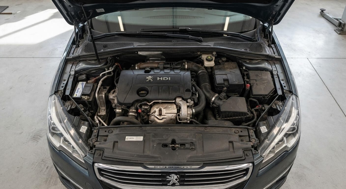 Vue supérieure du moteur 2.0 HDi 163 ch sous le capot d'une Peugeot 508 berline.
