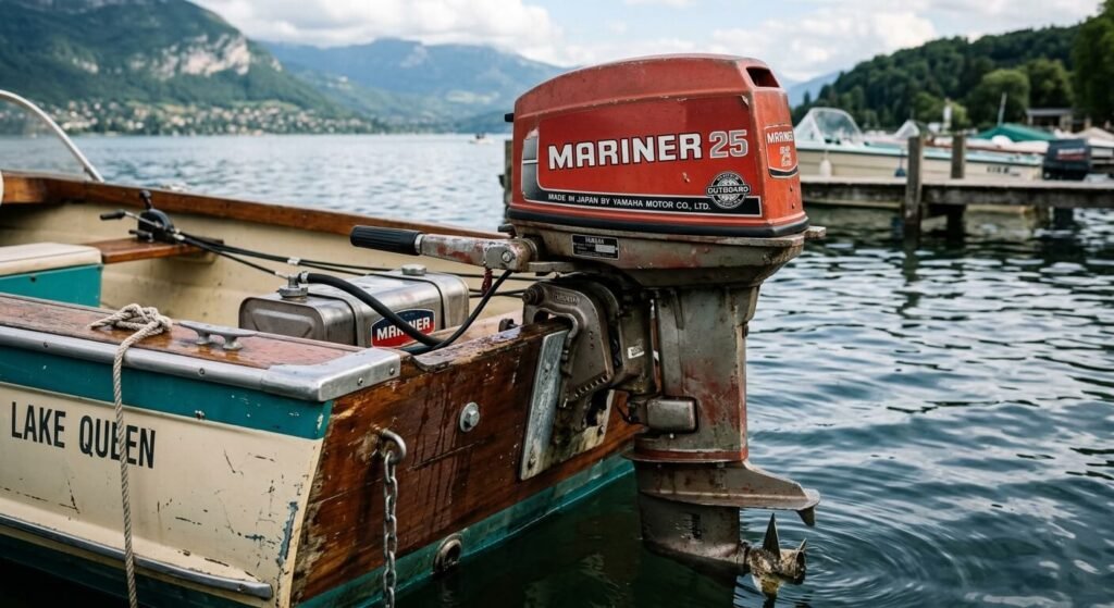 Moteur hors-bord Yamaha Mariner : histoire, équivalences et entretien 2 Moteur hors-bord vintage Mariner fabriqué au Japon par Yamaha fixé sur le tableau arrière d'un bateau.