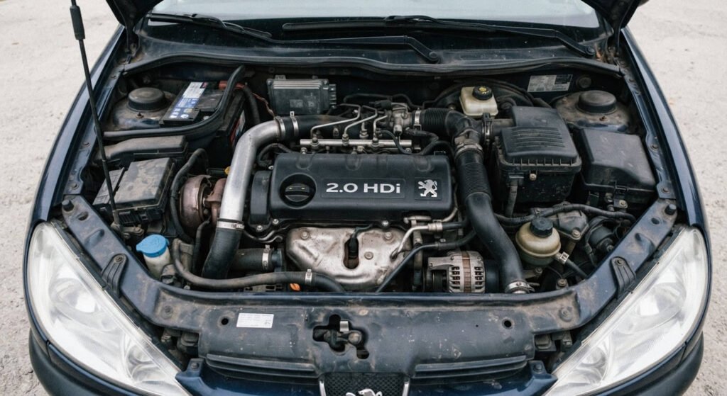 Vue d'ensemble du moteur 2.0 HDi DW10TD 90 ch sous le capot d'une Peugeot 206 ou d'une Xsara.
