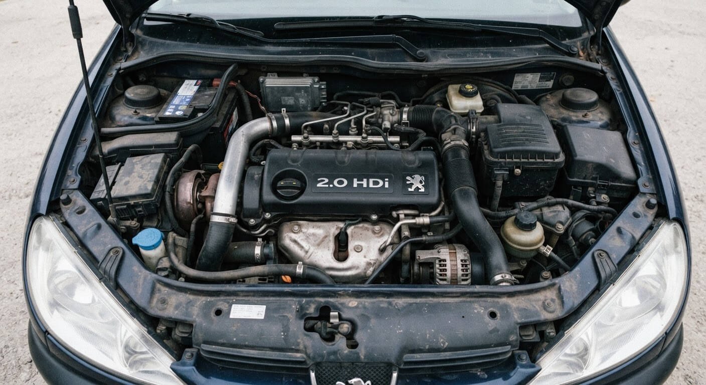 Vue d'ensemble du moteur 2.0 HDi DW10TD 90 ch sous le capot d'une Peugeot 206 ou d'une Xsara.