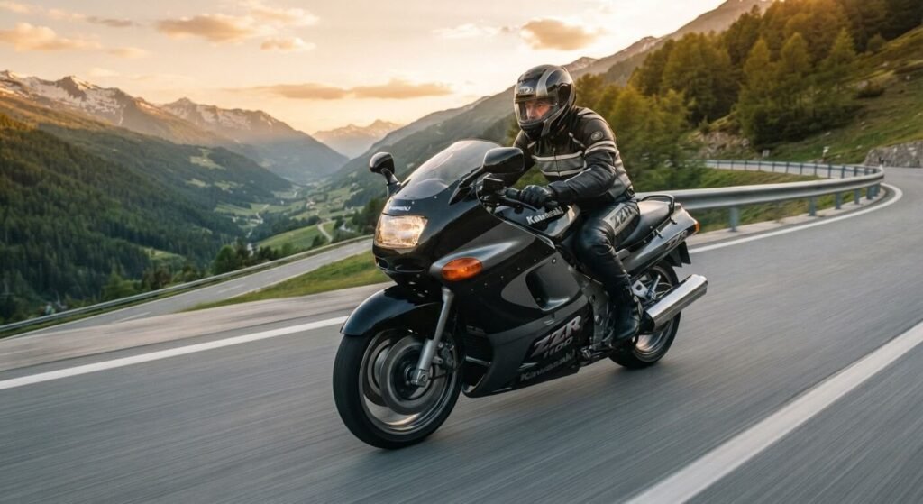 Kawasaki ZZR 1100 noire et grise sur route illustrant la reine des motos sport-touring des années 90.