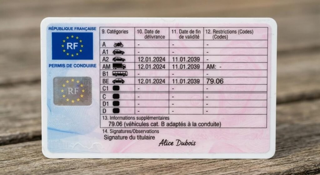 Permis de conduire code 79.06 : ce que signifie cette mention 2 Verso d'un permis de conduire format européen montrant la mention restrictive 79.06 en colonne 12.
