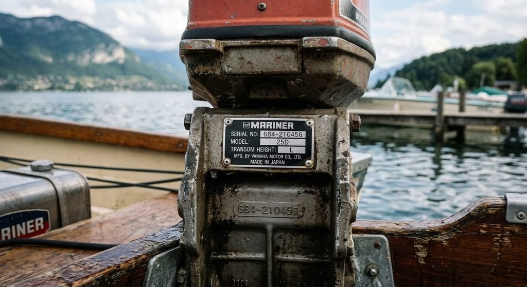 Moteur hors-bord Yamaha Mariner : histoire, équivalences et entretien 3 Plaque signalétique rivetée sur un hors-bord Mariner avec la mention Made in Japan et le code modèle.