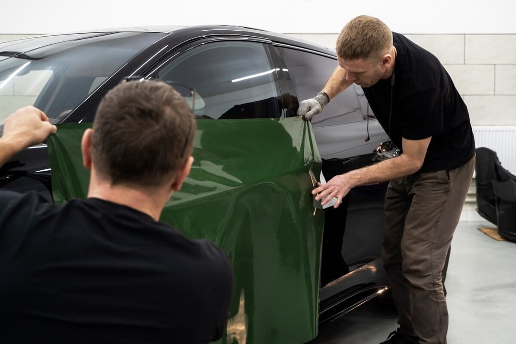 Prix d’un covering voiture : quel budget prévoir ? 3 Poseur professionnel appliquant un film adhésif de covering thermoformé sur l'aile d'une voiture.