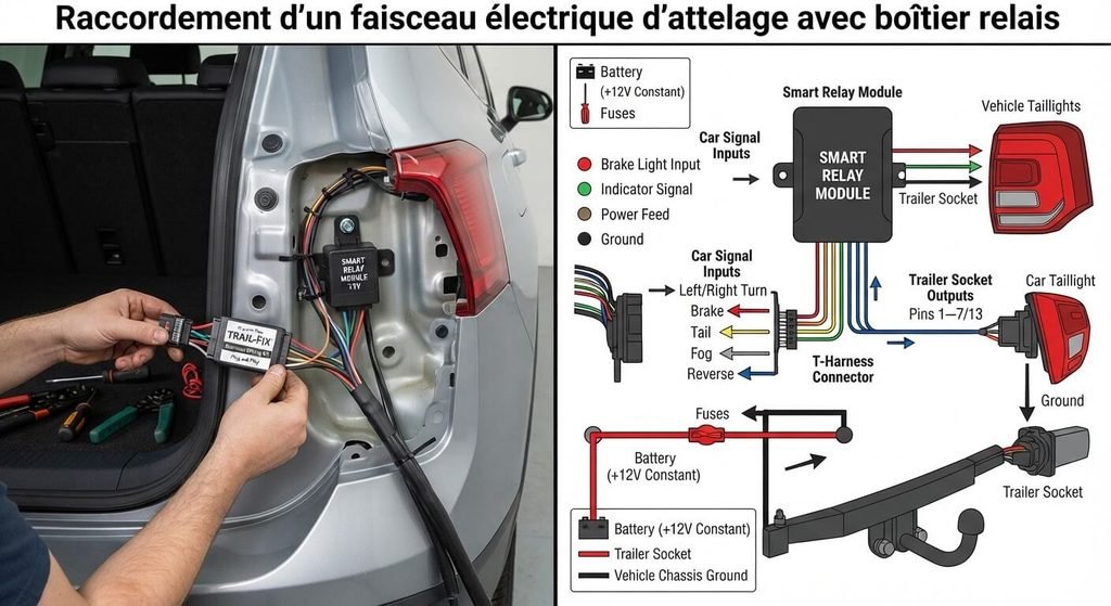 Branchement d'une prise de remorque : schémas 7 et 13 broches, couleurs et montage 4 Raccordement d'un faisceau électrique d'attelage avec boîtier relais sur les feux arrière d'une voiture.