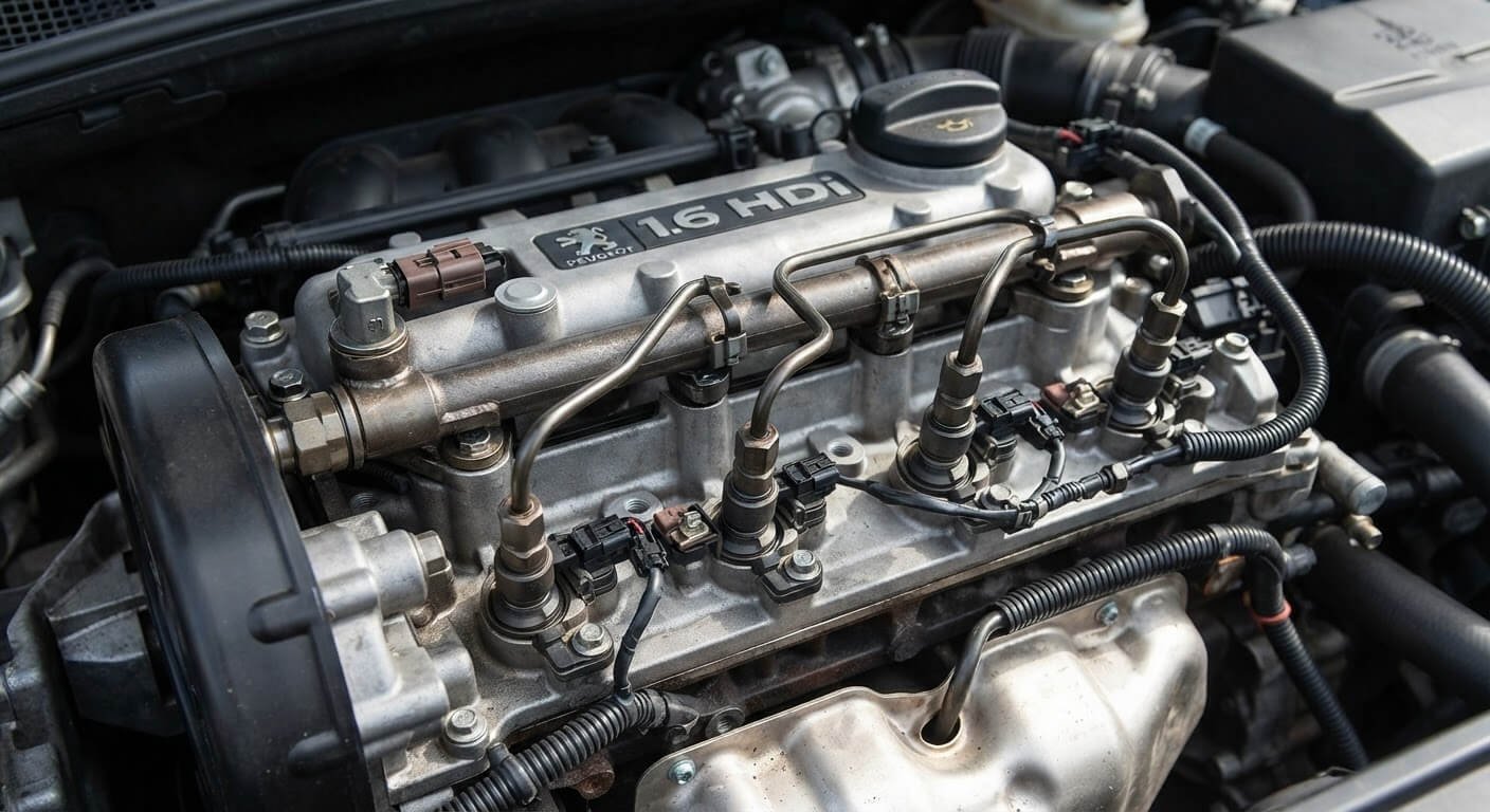 Rampe commune haute pression et tuyaux d'injecteurs sur un moteur diesel Peugeot 1.6 HDi.