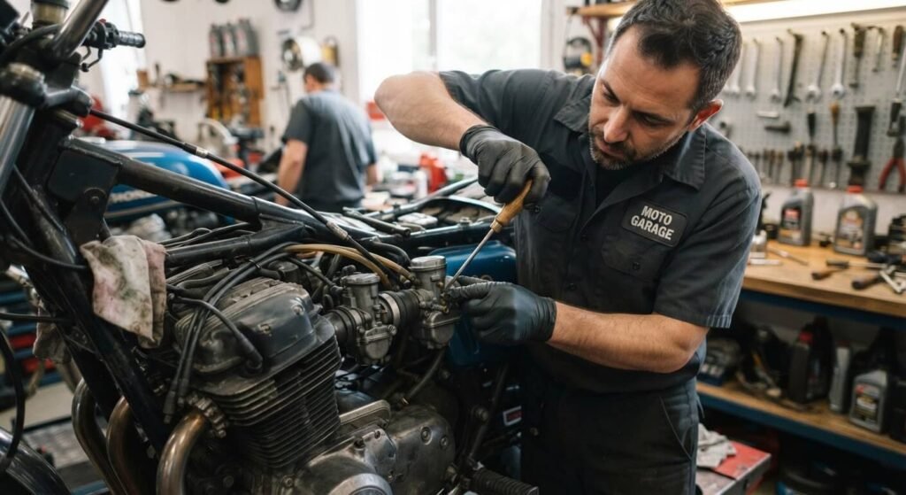 Vis de richesse mal réglée : quels symptômes ? 2 Mécanicien réglant la vis de richesse sur un carburateur de moto avec un tournevis plat.
