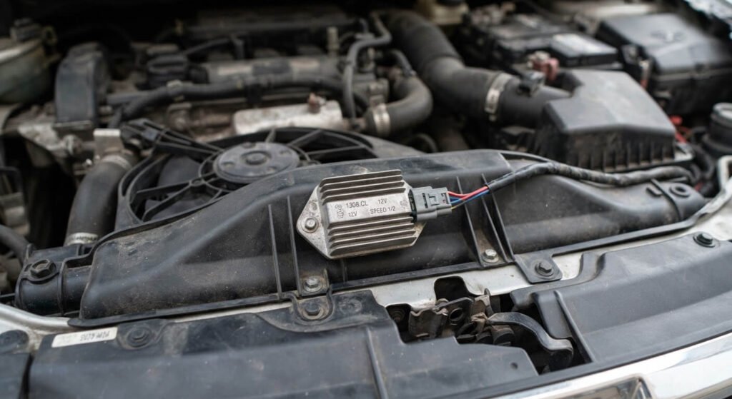 Code défaut P0494 Peugeot 308 : signification et solutions 4 Boîtier de résistance bi-vitesse du motoventilateur de refroidissement fixé sur la buse de radiateur d'une Peugeot 308.