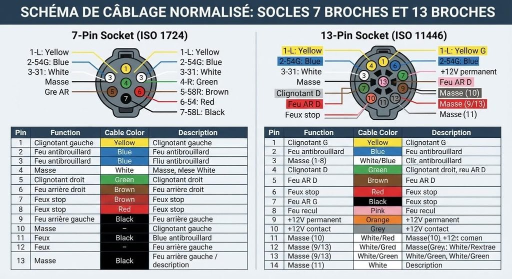 Branchement d'une prise de remorque : schémas 7 et 13 broches, couleurs et montage 3 Schéma de câblage normalisé d'un socle d'attelage 7 et 13 broches avec repères de couleur.