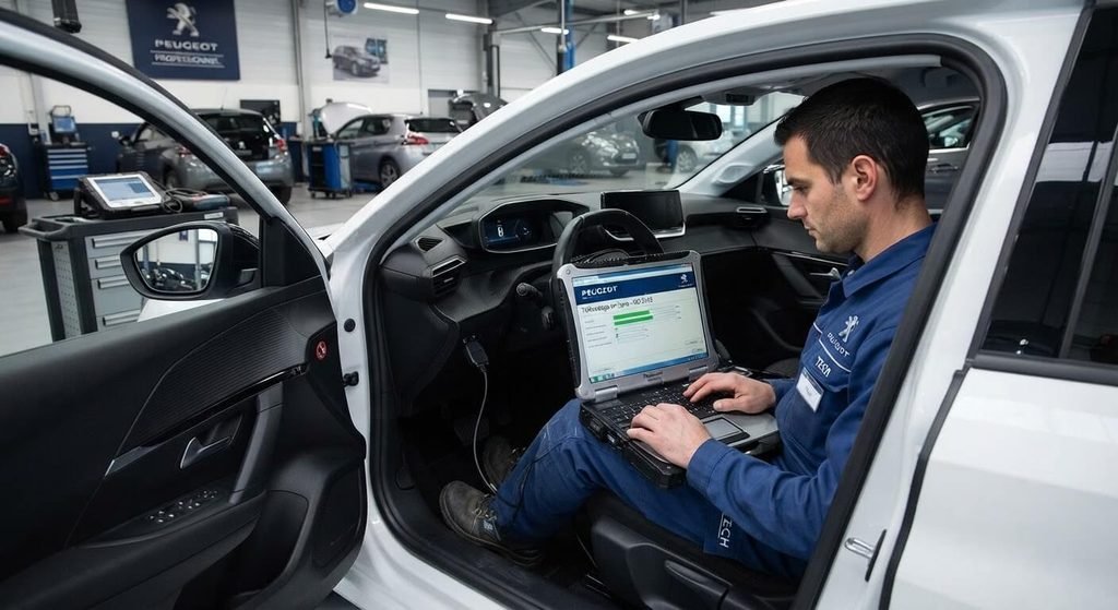 Peugeot B1003 : que signifie ce code défaut 4 Technicien réalisant le télécodage en ligne du boîtier BSI sur une Peugeot 208 en concession.