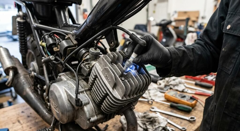 Étincelle et essence OK mais le 50cc ne démarre pas : le diagnostic 2 Contrôle de l'étincelle à la bougie d'allumage posée contre la culasse d'un moteur 50cc.