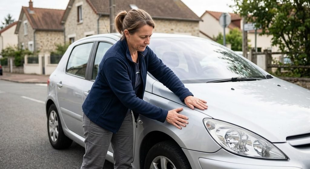 Automobiliste réalisant le test de rebond manuel en appuyant fermement sur l'aile de son véhicule.