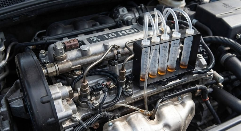 Code défaut P0093 Peugeot 1.6 HDI : que faire ? 3 Éprouvettes de test de débit de retour branchées sur les injecteurs d'un bloc HDi.