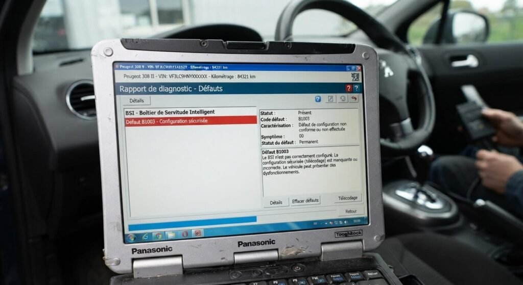 Peugeot B1003 : que signifie ce code défaut 2 : Écran du logiciel Diagbox affichant le défaut B1003 de configuration sécurisée sur Peugeot.