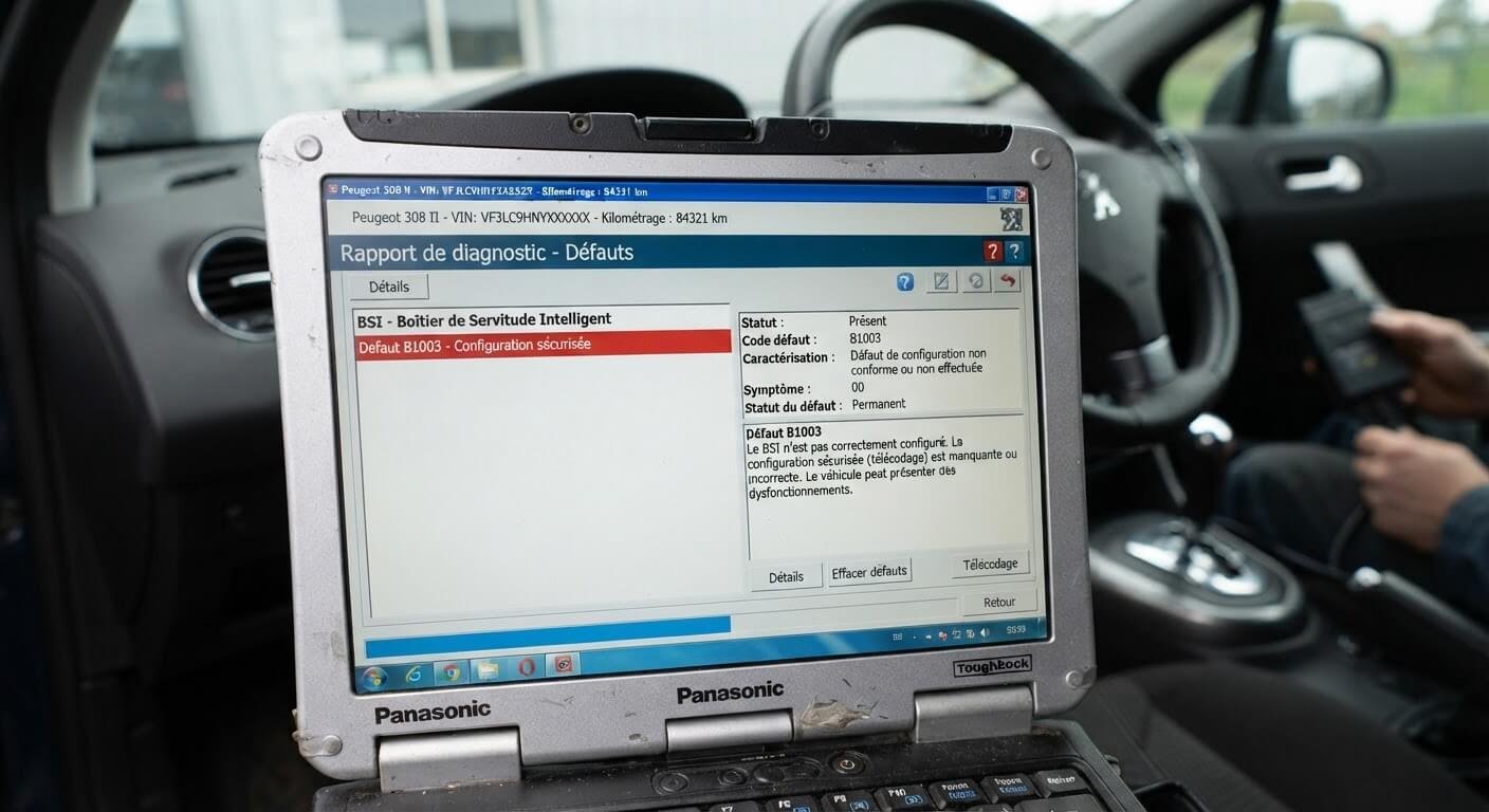 : Écran du logiciel Diagbox affichant le défaut B1003 de configuration sécurisée sur Peugeot.