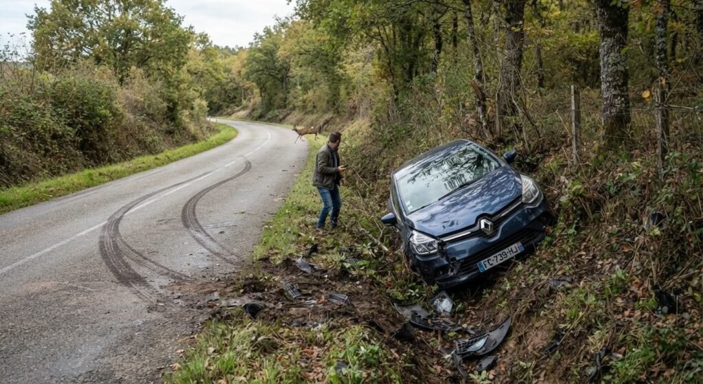 Accident pour éviter un animal : applique-t-on un malus d'assurance ? 2 Véhicule accidenté dans un fossé après un coup de volant pour éviter un animal sauvage sur la chaussée.