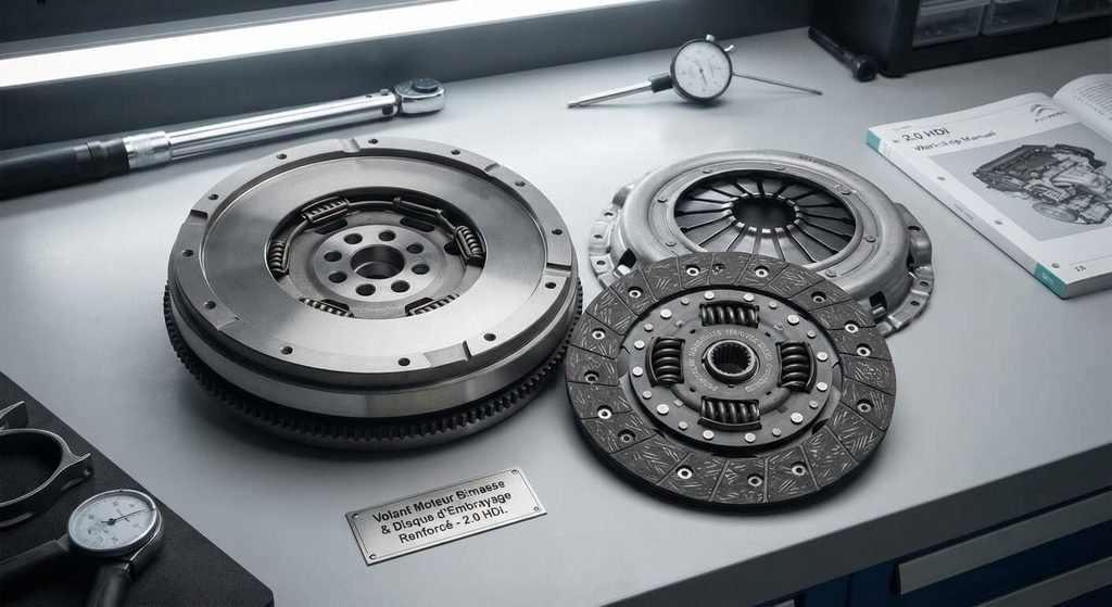 Moteur 2.0 HDi 163 ch : bilan de fiabilité, points faibles et longévité 4 Volant moteur bimasse et disque d'embrayage renforcé pour moteur diesel 2.0 HDi.