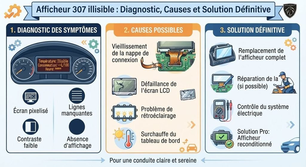 Afficheur 307 illisible : diagnostic, causes et solution définitive 3