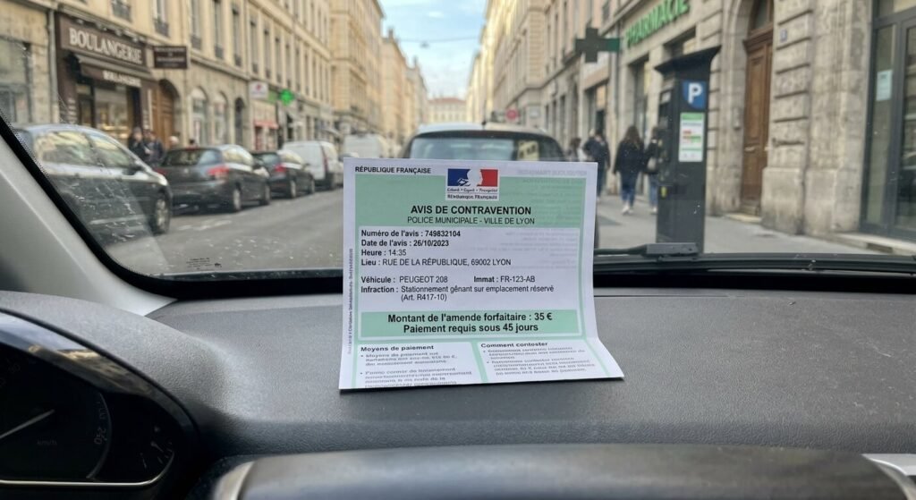 Amende de stationnement en zone bleue sans disque : prix officiel, règles et contestation 2 Avis de contravention officiel de 35 euros posé sur un tableau de bord de voiture.