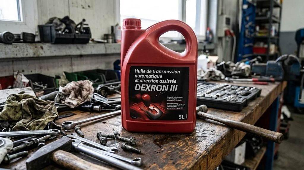 Bidon d'huile de transmission automatique et direction assistée Dexron III posé sur un établi.