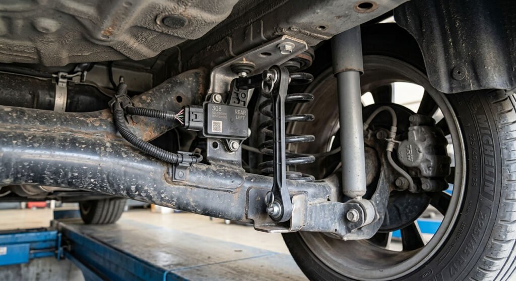 Défaut réglage automatique des projecteurs sur Peugeot 308 : diagnostic et solutions 2 Capteur de hauteur d'assiette fixé sur le train arrière d'une Peugeot 308 avec sa biellette en plastique.
