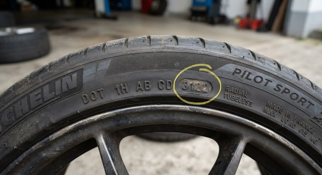 Pneu craquelé mais pas usé : faut-il vraiment le changer ? 3 Inscription du code DOT sur le pneu indiquant la semaine et l'année de fabrication.