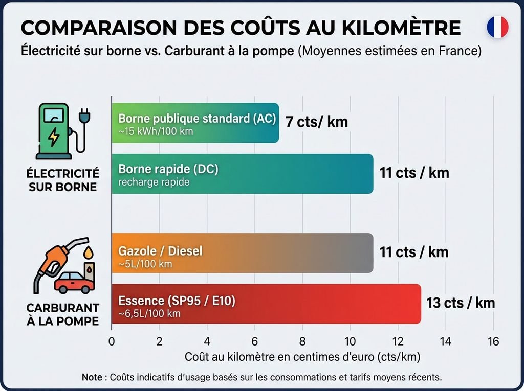 Graphique comparatif des coûts au kilomètre entre l'électricité sur borne et le carburant à la pompe.
