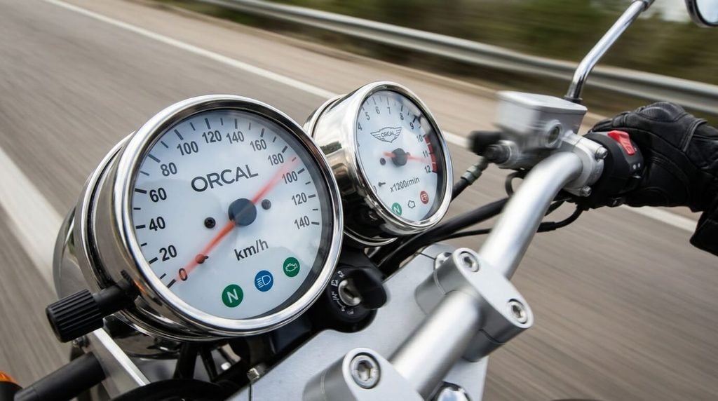 Aiguille du compteur de vitesse d'une moto 125 néo-rétro en pleine accélération.