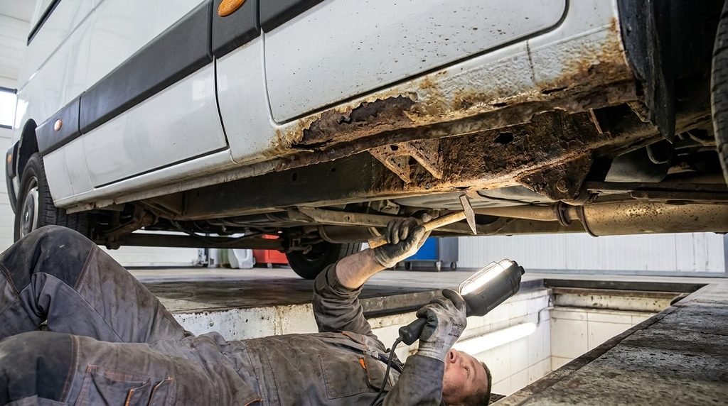 Inspection de la rouille sur les longerons et le bas de caisse d'un Renault Master 2.