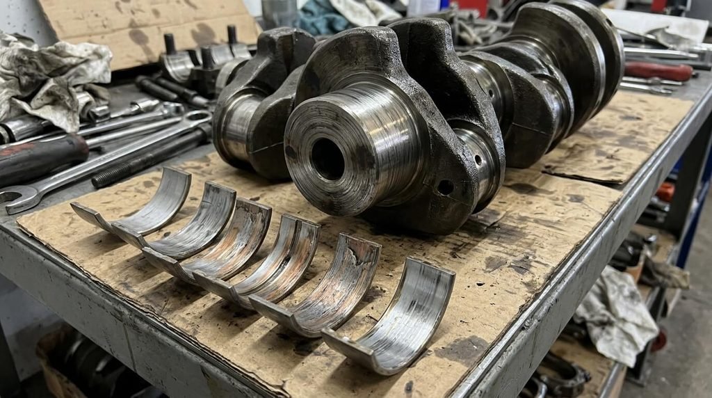 Mecarun P18 casse moteur : peut-il vraiment endommager un moteur ? 3 Coussinets de bielle et arbre vilebrequin démontés présentant des rayures d'usure mécanique.