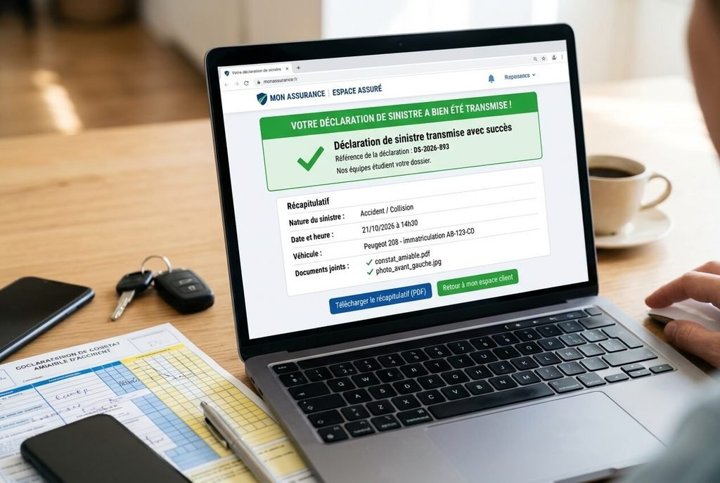 Formulaire de déclaration de sinistre automobile transmis en ligne sur le portail d'une compagnie d'assurance.