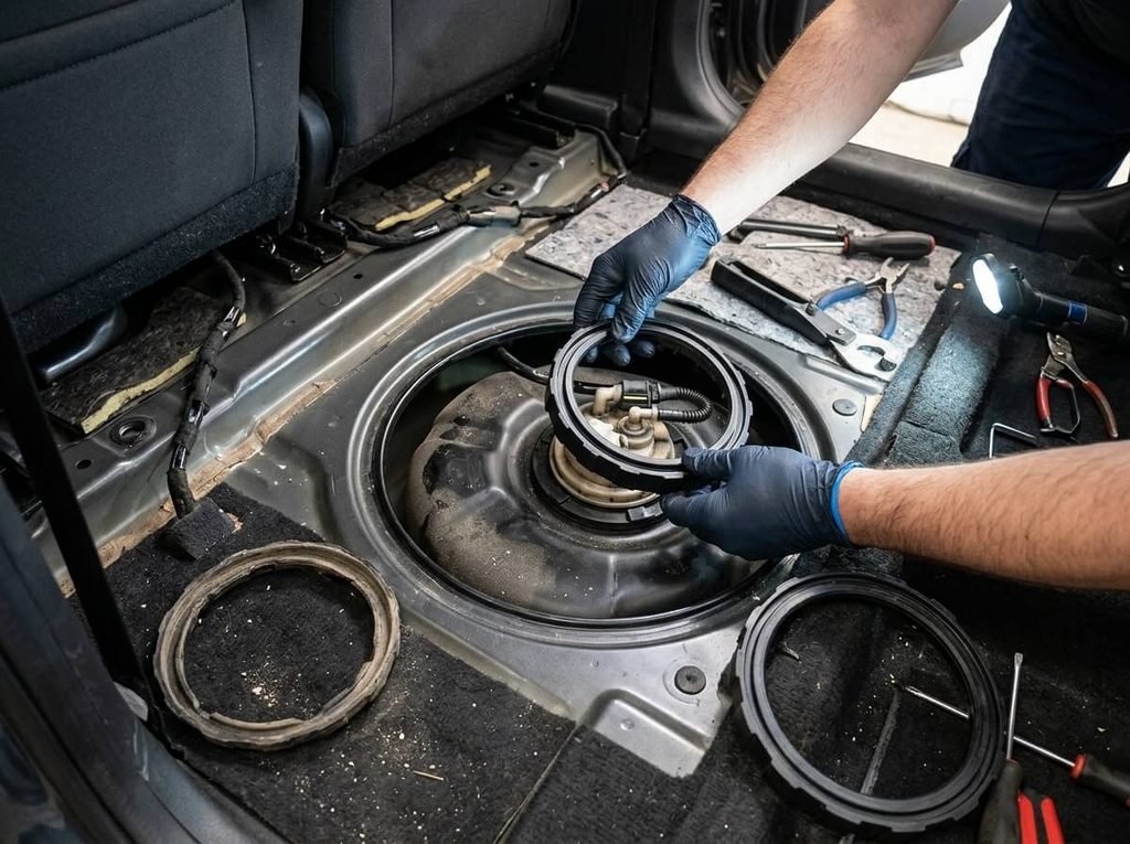 Remplacement de la bague de serrage plastique du puits de jauge à carburant.