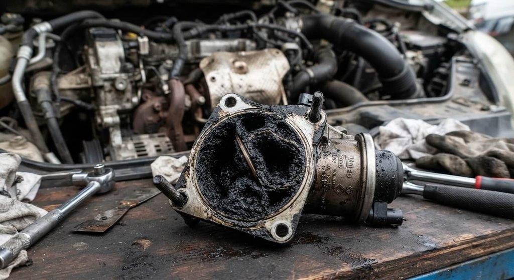 Vanne EGR encrassée par la calamine démontée sur un moteur Renault Trafic.