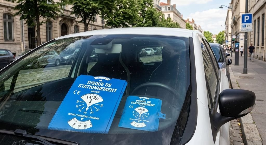 Amende de stationnement en zone bleue sans disque : prix officiel, règles et contestation 3 Disque européen de stationnement bleu homologué réglé sur l'heure d'arrivée derrière le pare-brise.