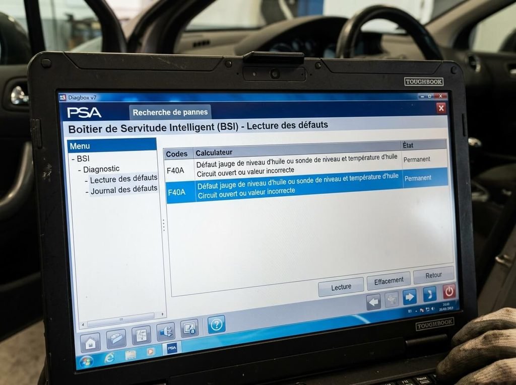 Écran de l'outil diagnostic Diagbox affichant le défaut F40A dans le menu du boîtier BSI.