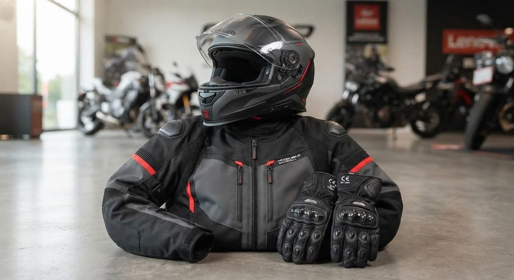 Ensemble des équipements de sécurité pour deux-roues comprenant un casque homologué, des gants certifiés et un blouson renforcé.