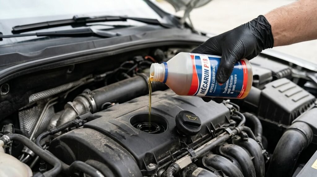 Mecarun P18 casse moteur : peut-il vraiment endommager un moteur ? 2 Versement de l'hyperlubrifiant Mécarun P18 dans le bouchon de carter d'huile moteur.