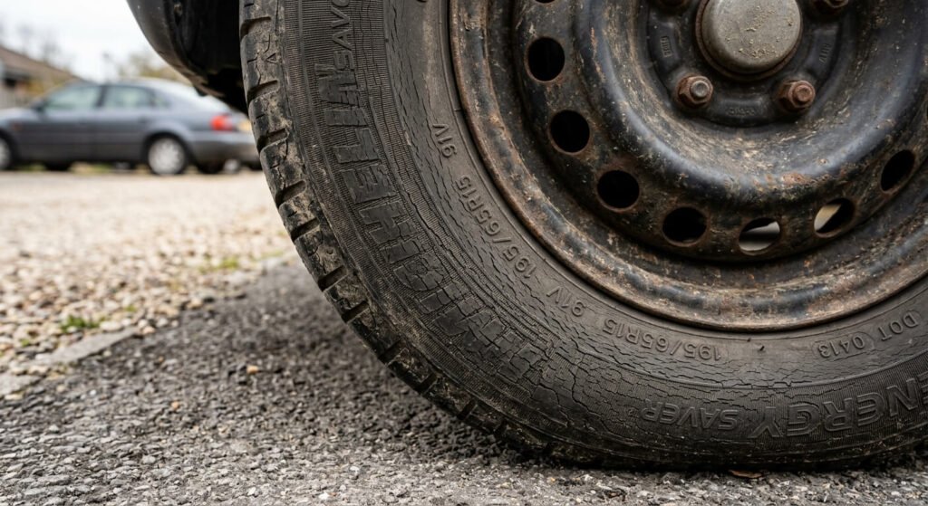 Pneu craquelé mais pas usé : faut-il vraiment le changer ? 2 Flanc de pneu de voiture présentant de fines craquelures dues au dessèchement du caoutchouc.
