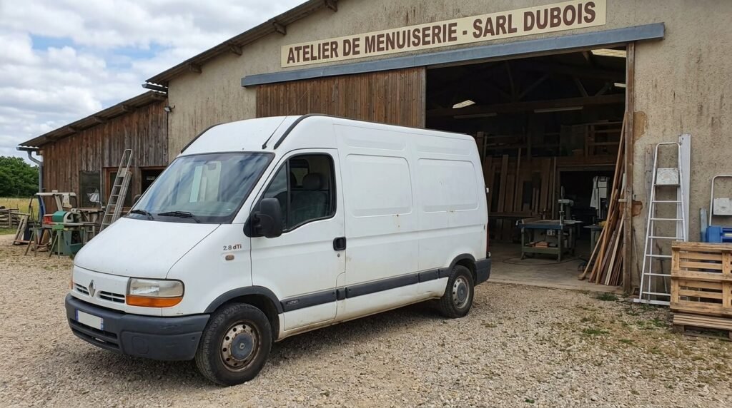 Fourgon utilitaire Renault Master 2.8 dTi stationné devant un hangar d'artisan.