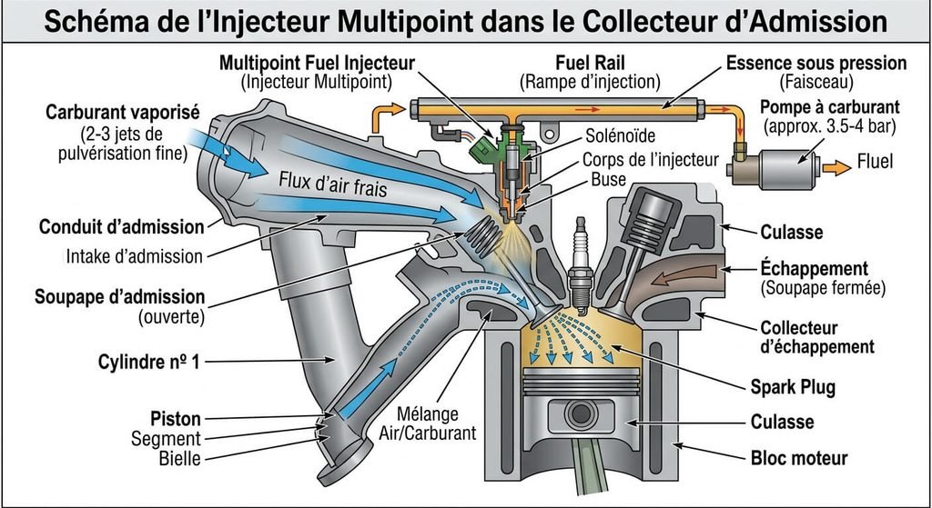 Moteur MPI : définition, fonctionnement et différence avec l'injection directe 3 Schéma d'un injecteur multipoint vaporisant du carburant dans le collecteur d'admission d'un moteur.