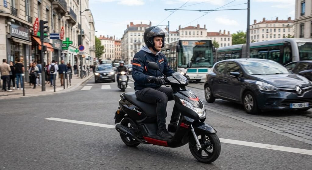 Adolescent équipé d'un casque et de gants au guidon d'un scooter 50 cm³ en circulation urbaine.