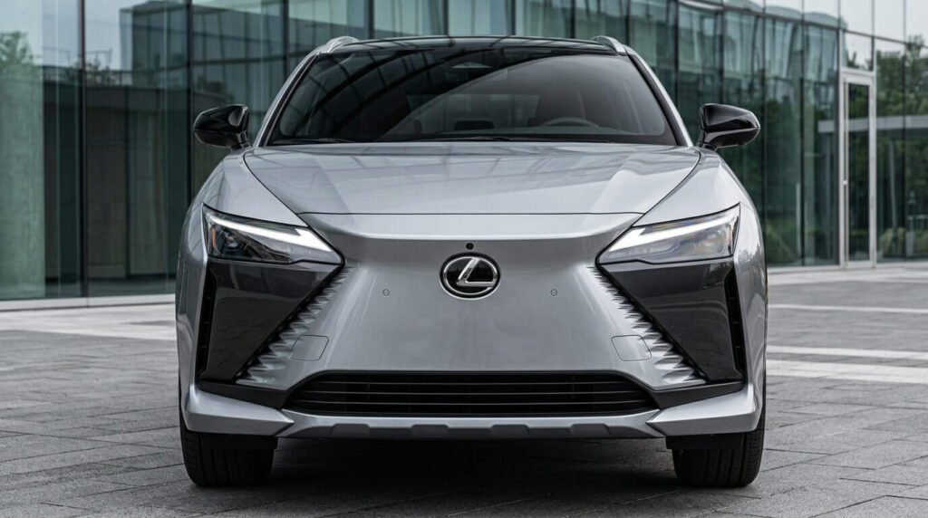 Face avant du Lexus RZ soulignant sa calandre pleine fuseau et ses optiques LED acérées.
